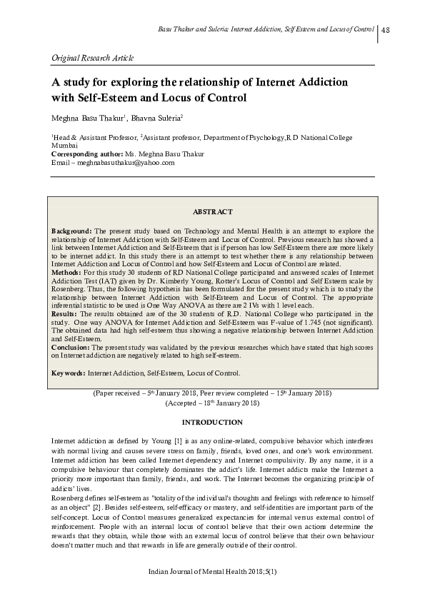 (PDF) A study for exploring the relationship of Internet Addiction with ...