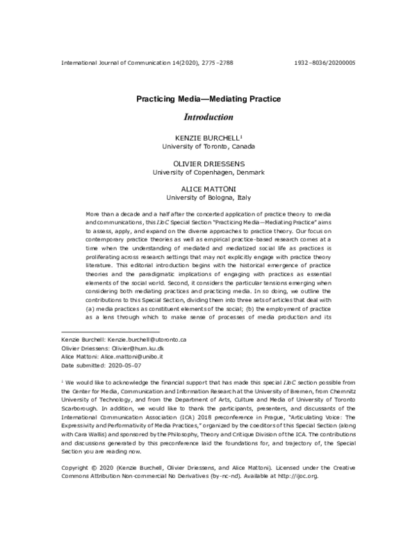 (PDF) Practicing Media – Mediating Practice: Introduction