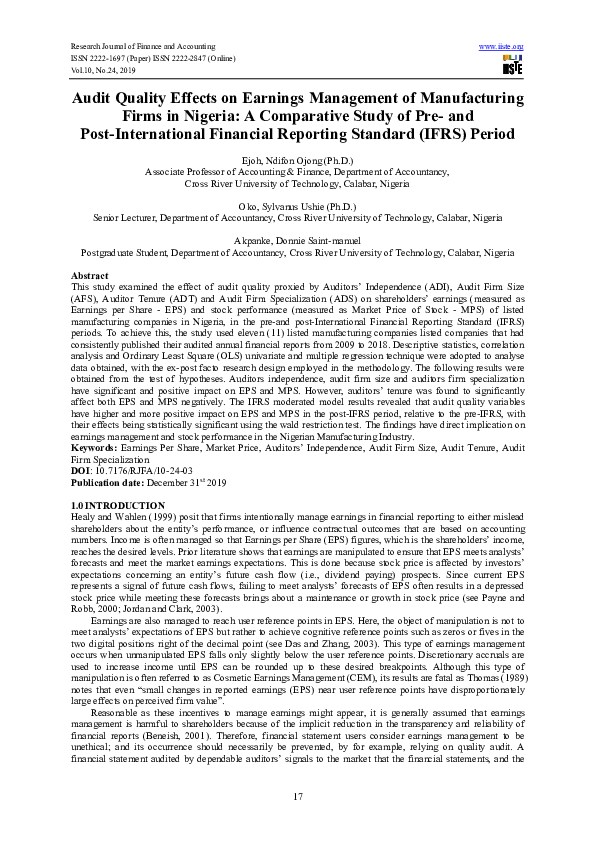 (PDF) Audit Quality Effects on Earnings Management of Manufacturing ...