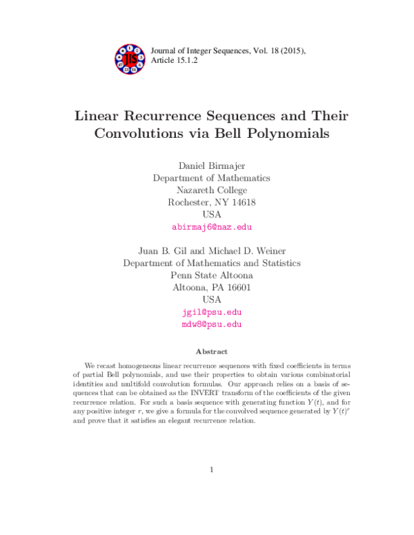 (PDF) Linear Recurrence Sequences and Their Convolutions via Bell ...
