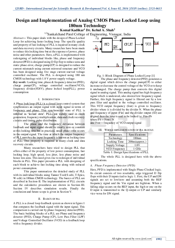 (PDF) Design and Implementation of Analog CMOS Phase Locked Loop using ...