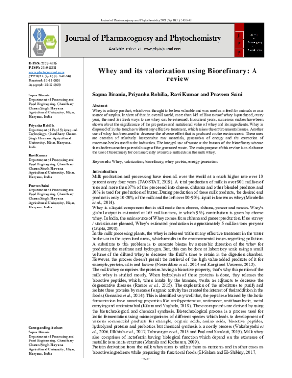 (PDF) Whey and its valorization using Biorefinary: A review