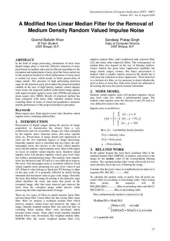 (PDF) A Modified Non Linear Median Filter for the Removal of Medium ...