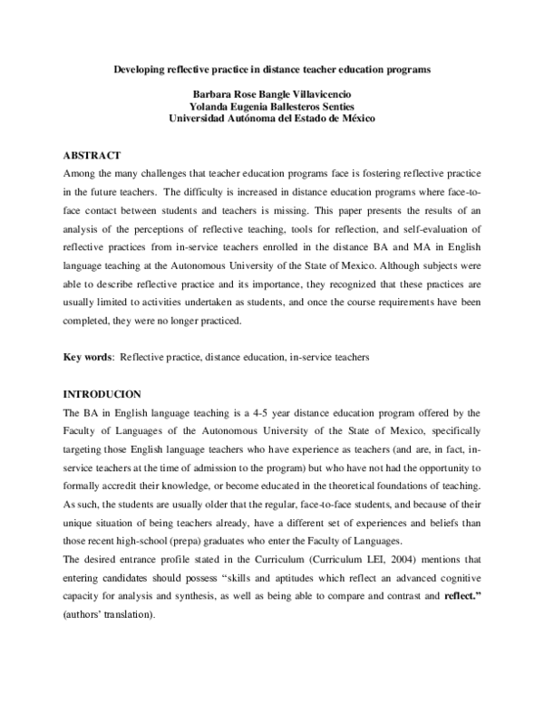 (PDF) Developing reflective practice in distance teacher education programs