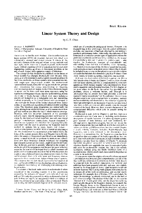 (PDF) Linear system theory and design: By C.-T. Chen