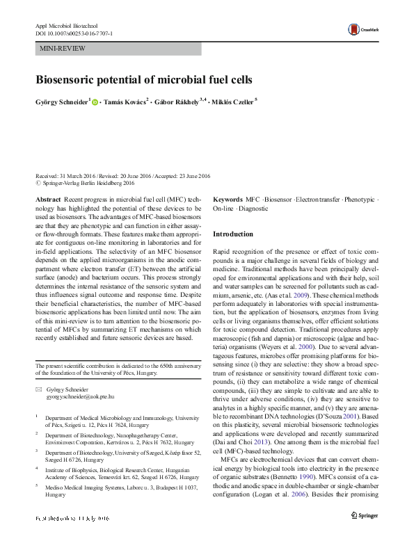 (PDF) Biosensoric potential of microbial fuel cells