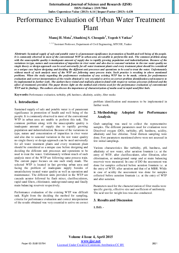 (PDF) Performance Evaluation of Urban Water Treatment Plant
