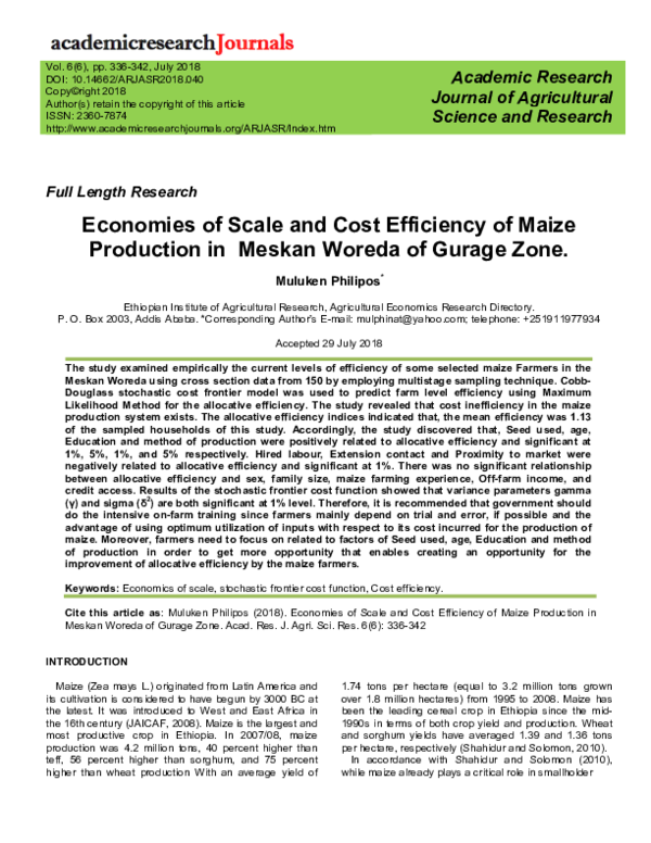 (PDF) Economies of Scale and Cost Efficiency of Maize Production in ...
