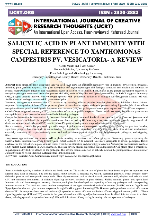 (PDF) Salicylic Acid in Plant Immunity with Special Reference to ...