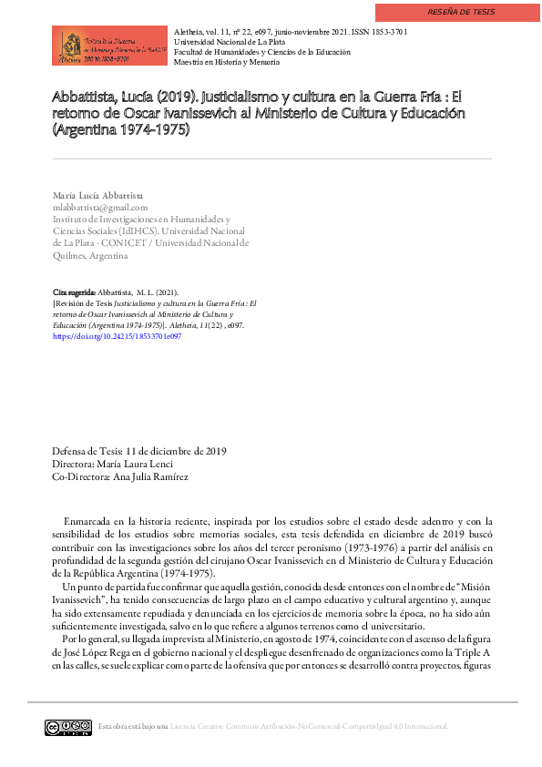 (PDF) Abbattista, Lucía (2021). Resumen de tesis Justicialismo y