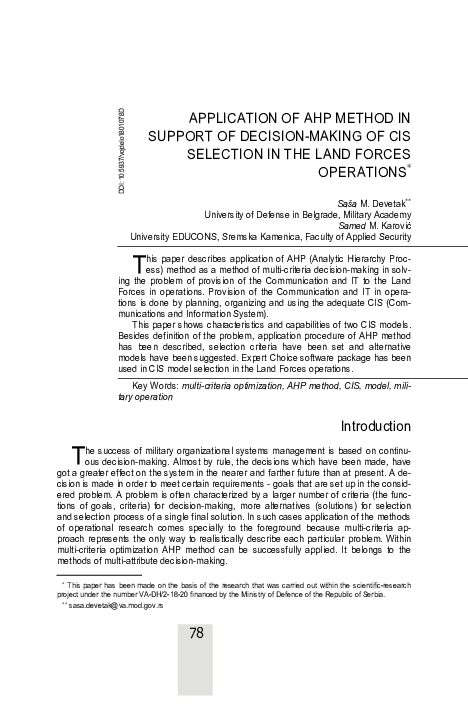 (PDF) Application of AHP method in support of decision-making of CIS ...