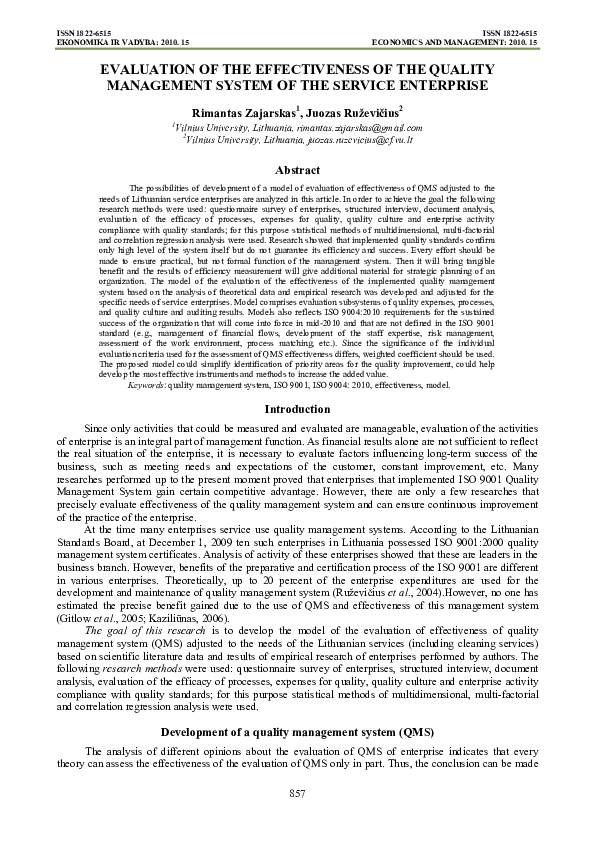 (PDF) Evaluation of the Effectiveness of the Quality Management System ...