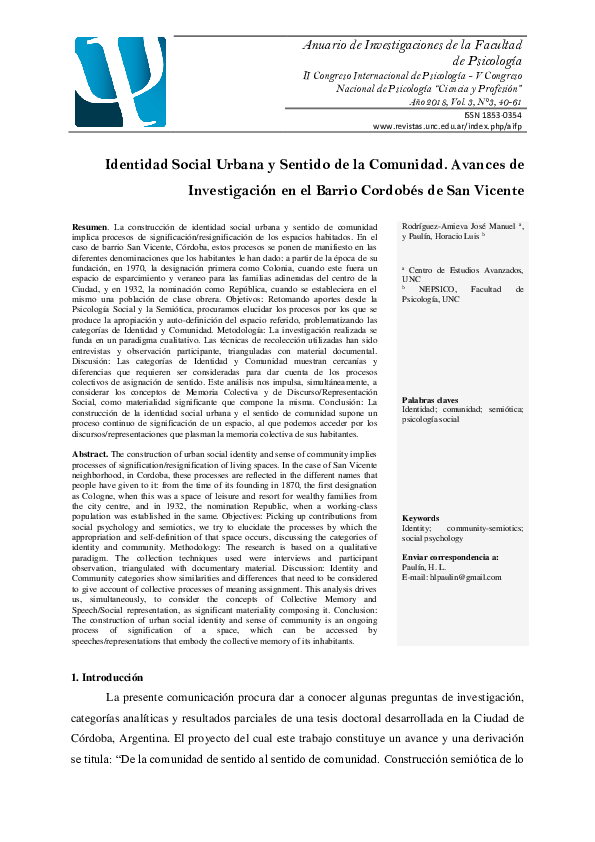 (PDF) Identidad Social Urbana y Sentido de la Comunidad. Avances de ...