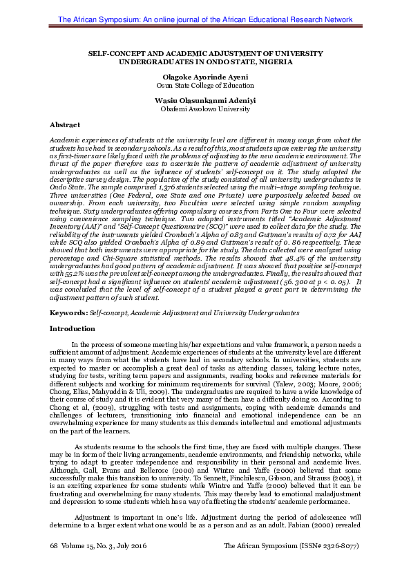 (PDF) Self-Concept and Academic Adjustment of University Undergraduates ...