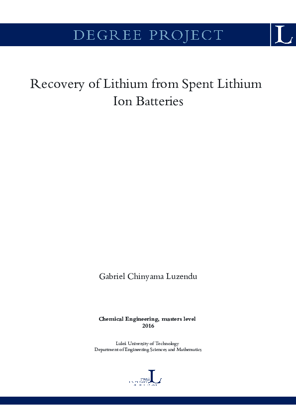 (PDF) Recovery of Lithium from Spent Lithium Ion Batteries