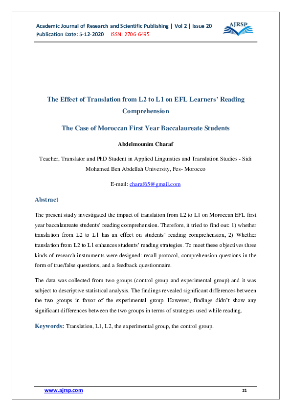 (PDF) The Effect of Translation from L2 to L1 on EFL Learners