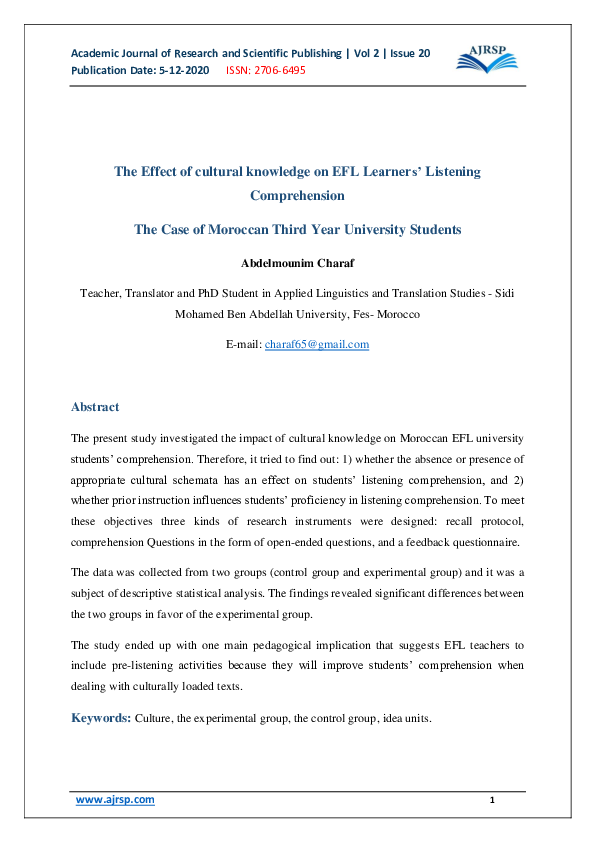 (PDF) The Effect of cultural knowledge on EFL Learners