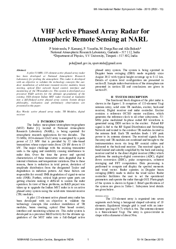 (PDF) VHF Active Phased Array Radar for Atmospheric Remote Sensing at NARL