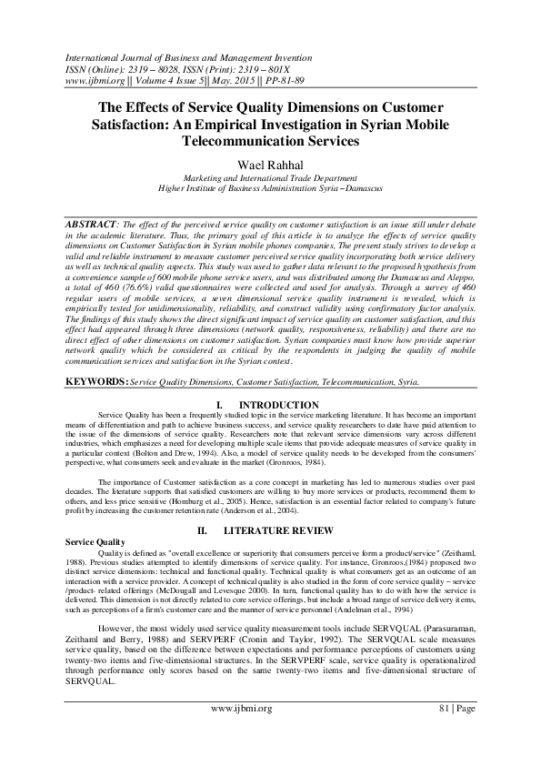  PDF The Effects Of Service Quality Dimensions On Customer Satisfaction An Empirical 