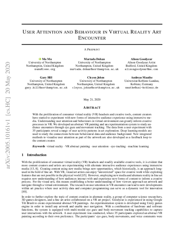 (PDF) User Attention and Behaviour in Virtual Reality Art Encounter