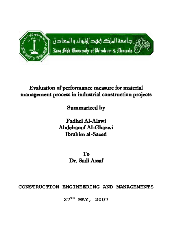(PDF) Evaluation of performance measure for material management process ...