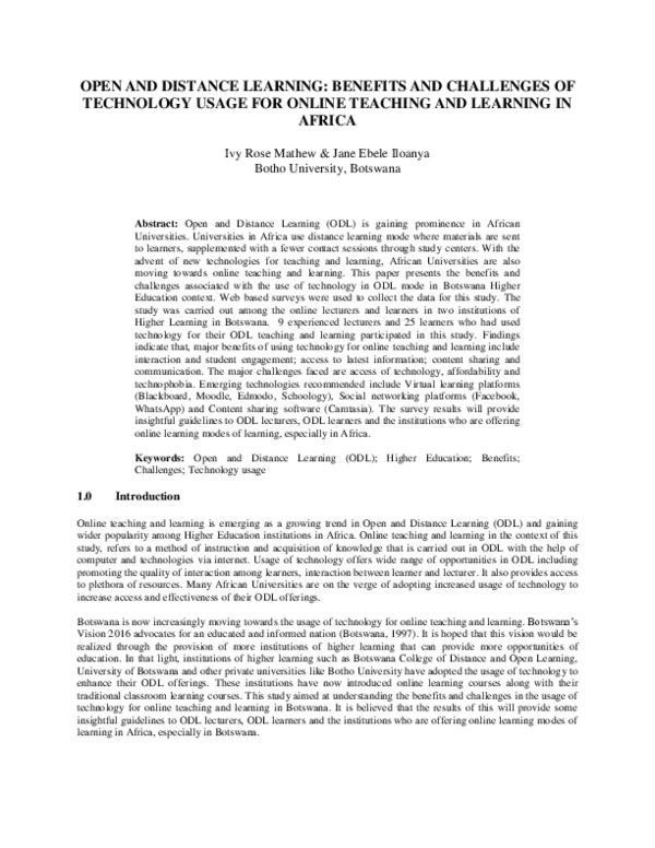 (PDF) Open and Distance Learning: Benefits and Challenges of Technology ...