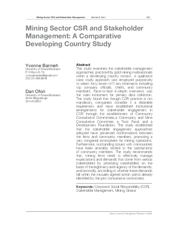 (PDF) Mining Sector CSR and Stakeholder Management: A Comparative ...