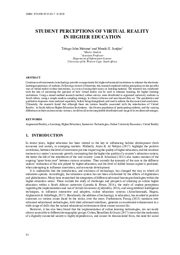 (PDF) Student Perceptions of Virtual Reality in Higher Education