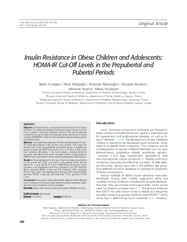 (PDF) Insulin Resistance in Obese Children and Adolescents: HOMA− IR ...