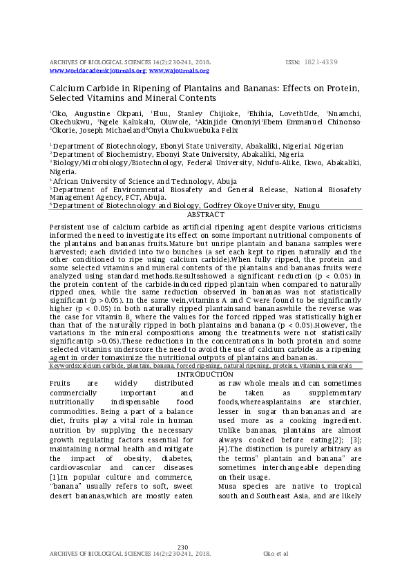 (PDF) Calcium Carbide in Ripening of Plantains and Bananas Effects on