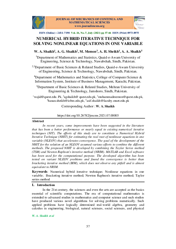 (PDF) NUMERICAL HYBRID ITERATIVE TECHNIQUE FOR SOLVING NONLINEAR ...