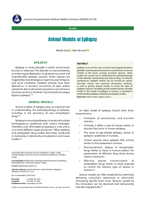 (PDF) Animal Models of Epilepsy Melda Ateş Academia.edu