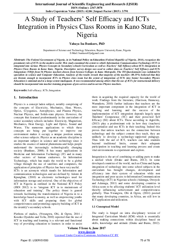 (PDF) A Study of Teachers‟ Self Efficacy and ICTs Integration in ...