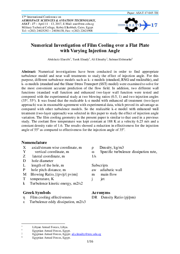 (PDF) Numerical Investigation of Film Cooling over a Flat Plate with ...