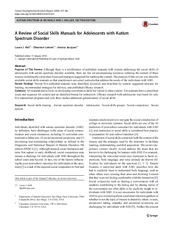 (PDF) A Review of Social Skills Manuals for Adolescents with Autism ...