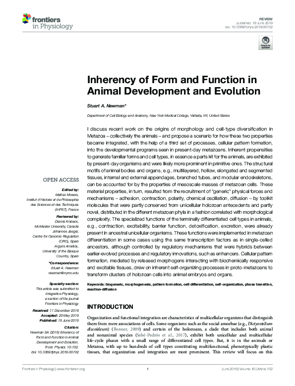 (PDF) Inherency of Form and Function in Animal Development and Evolution