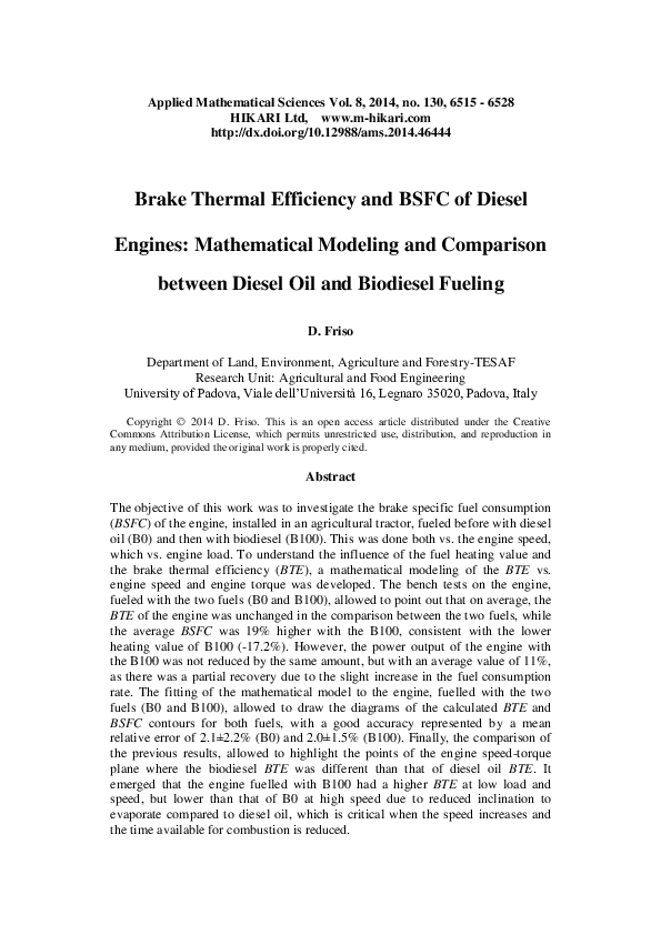 (PDF) Brake thermal efficiency and BSFC of diesel engines: Mathematical ...