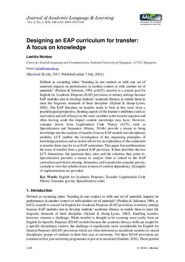 (PDF) Designing an EAP curriculum for Transfer: a focus on knowledge
