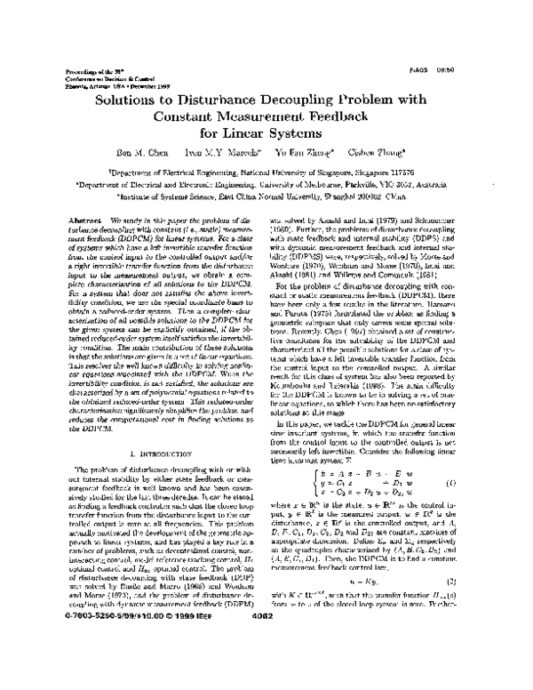 (PDF) Solutions to disturbance decoupling problem with constant ...