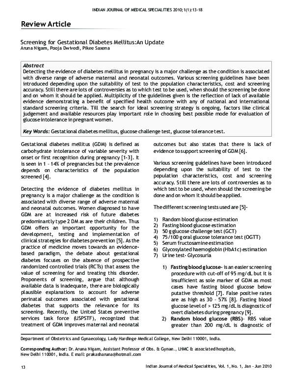 (PDF) Screening for Gestational Diabetes Mellitus: An Update