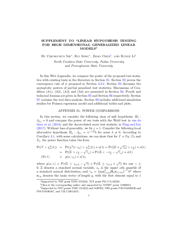(PDF) Supplement to “ Linear Hypothesis Testing for High Dimensional ...