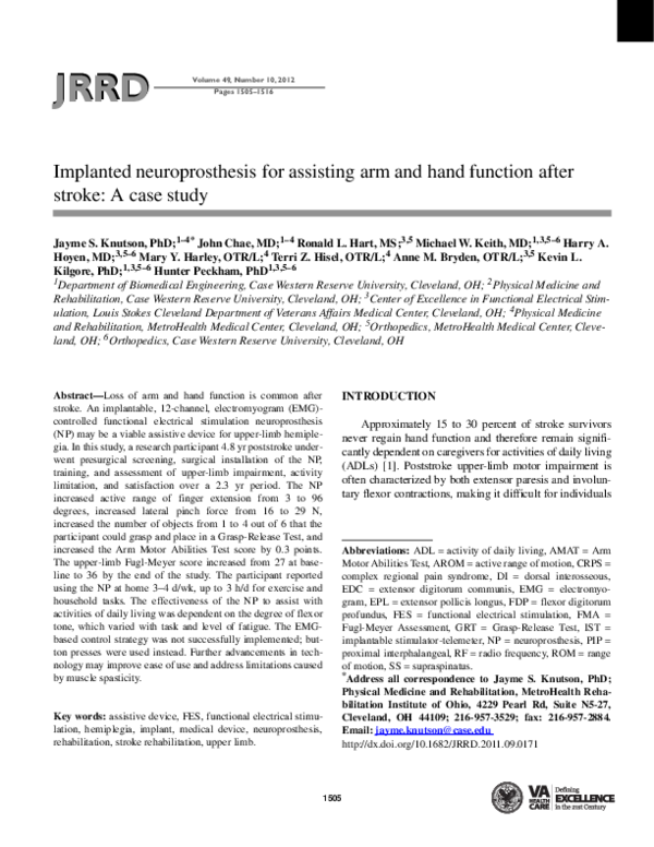 (PDF) Implanted neuroprosthesis for assisting arm and hand function