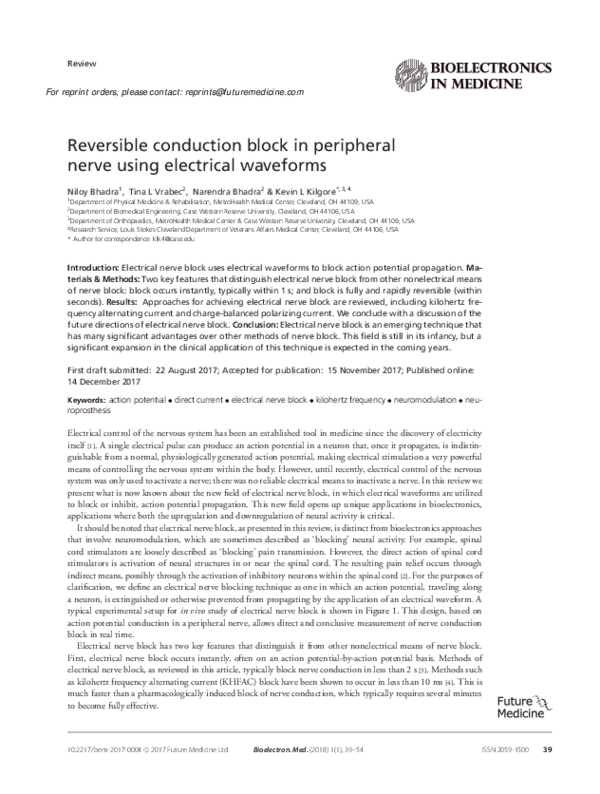 (PDF) Reversible conduction block in peripheral nerve using electrical