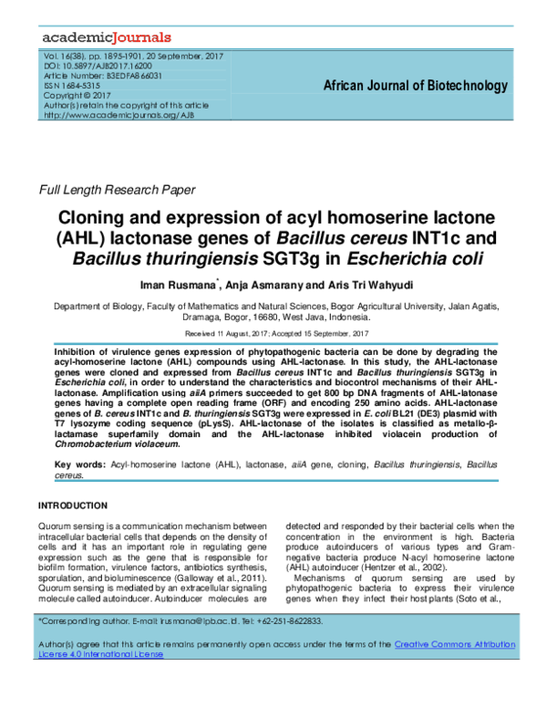 (PDF) Cloning and expression of acyl homoserine lactone (AHL) lactonase ...