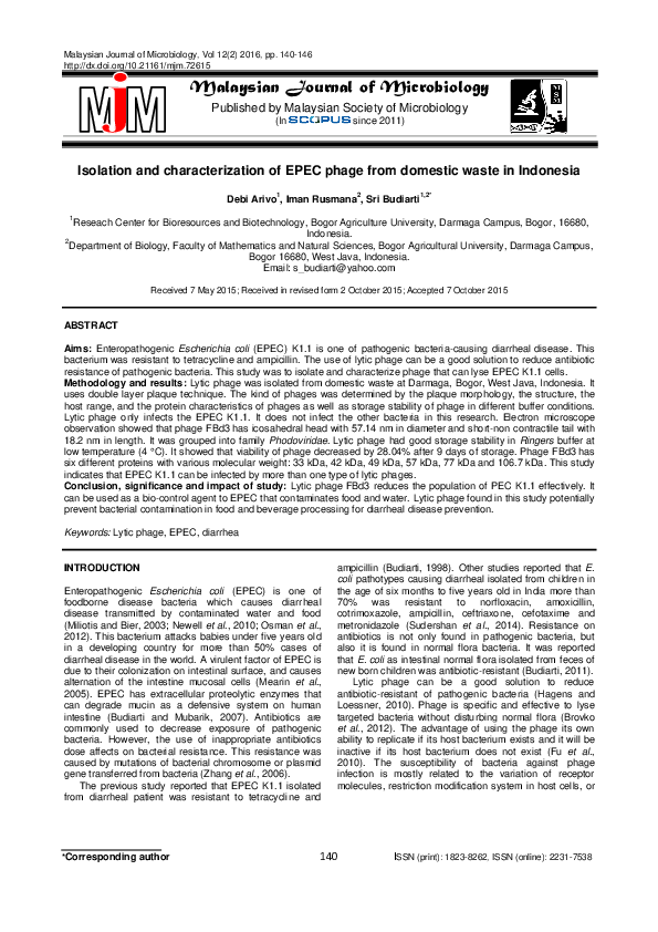 (PDF) Isolation and characterization of EPEC phage from domestic waste ...