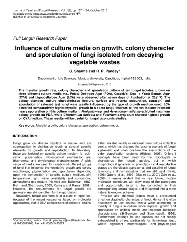 (PDF) Influence of culture media on growth, colony character and ...
