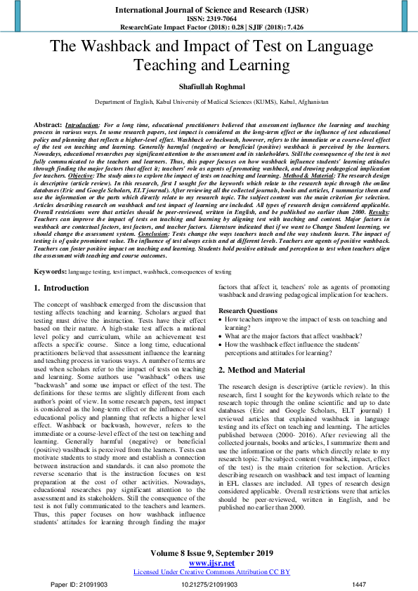 Pdf The Washback And Impact Of Test On Language Teaching And Learning