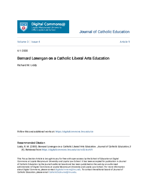 (PDF) Bernard Lonergan on a Catholic Liberal Arts Education