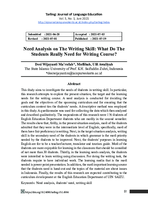(PDF) Need Analysis on Writing Skill: What Do The Students Really Need ...