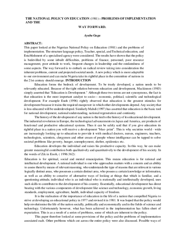 (PDF) The National Policy on Education (1981) : Problems of ...